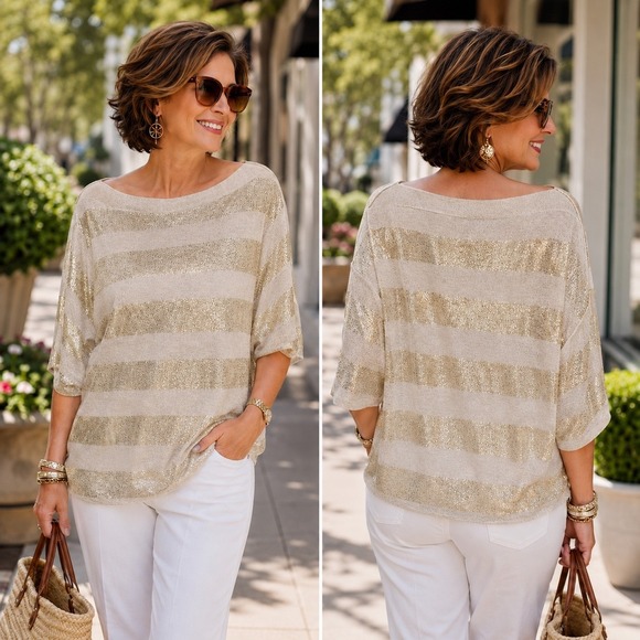 Chico's Sweaters - Chico's Linen Blend Gold Stripe Sweater Size 1 Medium Gold Oatmeal Boat Neck Top